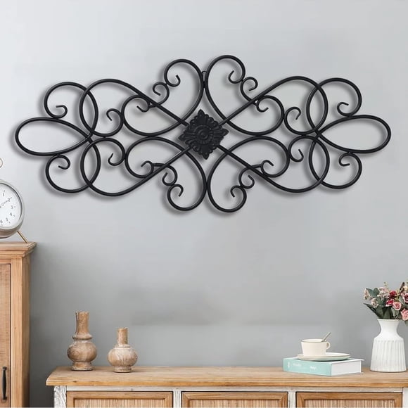 Sintosin Farmhouse Black Wrought Iron Wall Decor 32" x 13", Hanging Flower Plaque Scroll Metal Wall Art Bedroom Home Decor