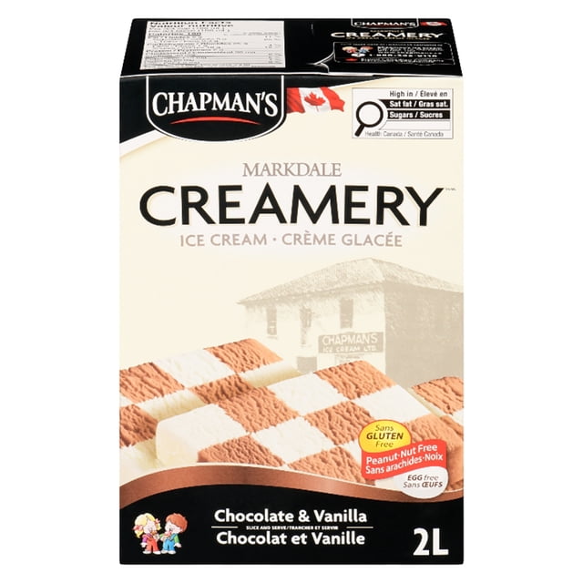 Chapman's Markdale Creamery Chocolate Vanilla Checkerboard Ice Cream 2L carton displaying a checkerboard pattern of chocolate and vanilla ice cream slices, made with 100% Canadian dairy, gluten free, peanut/nut free, and egg free, ideal for creative serving ideas, with bilingual English and French text.