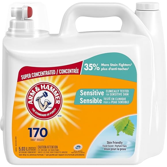 Arm & Hammer Détergent à Lessive Liquide pour Peau Sensible, Super Concentré, Parfum Frais et Doux pour la Peau, 170 Brassées, 5,03 L