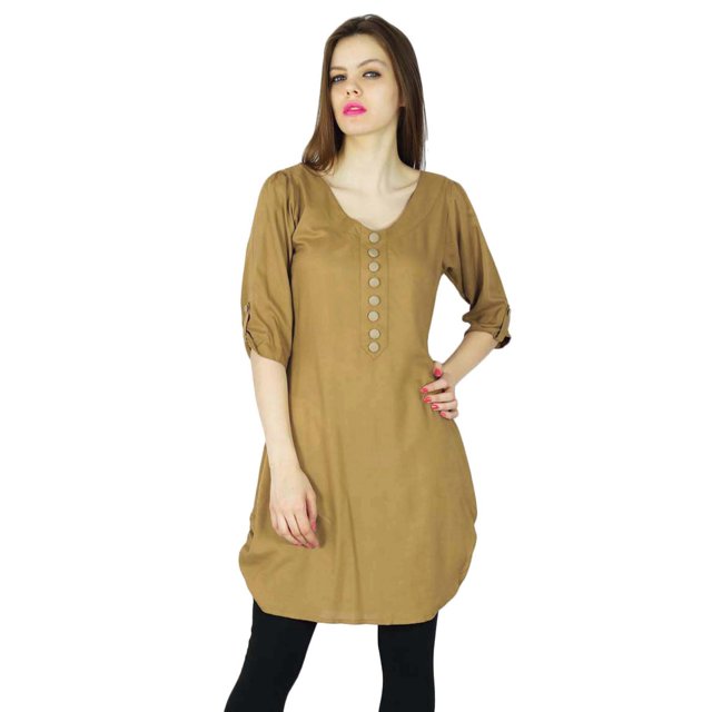 Phagun Kurta Indienne de Designer Décontractée pour Femmes Kurti Unie Brune Haut en Rayonne Tunique Robe