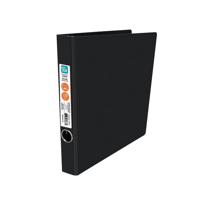 Pen + Gear Ultra Heavy-Duty Poly Binder in black with 1-inch D-rings holding up to 220 sheets, made from durable, tear-resistant, non-stick PVC-free plastic, shown in a 3/4 profile view with a spine label, suitable for organizing papers at school, office, or home.