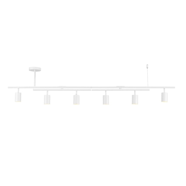 West 64" 6-Light Track Lighting in matte white with double center swivel bars and six pivoting cylindrical track heads for customizable ceiling illumination, compatible with dimmable GU10 bulbs and ideal for modern kitchens or living rooms