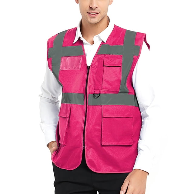 GOGO 5 Pockets High Visibility Safety Vest with Reflective Strips, Working Uniform Vest-Hot Pink-S