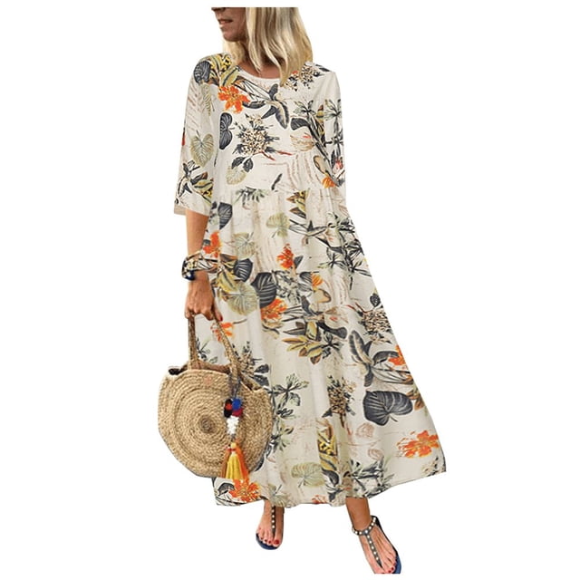 Robe Longue Maxi Boho Décontractée en Coton et Lin à Manches 3/11 à Fleurs pour Femmes