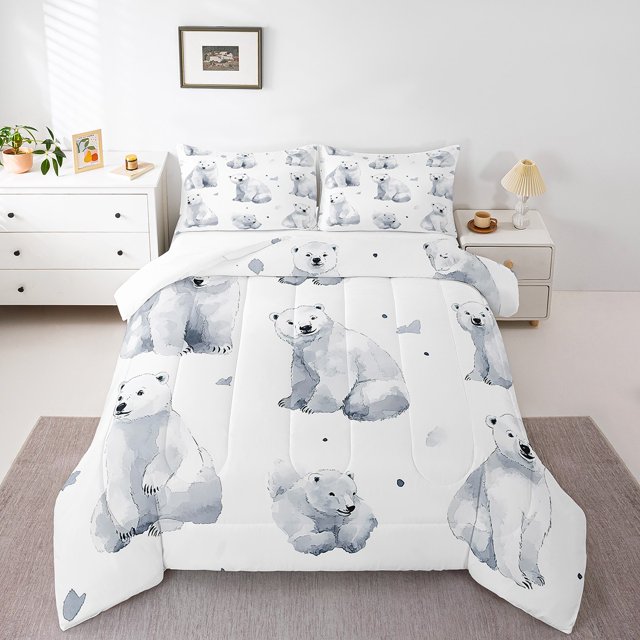 Polar Bear Comforter Sets Twin Size,Arctic Animal Bedding Set,Cartoon Polar Bear Down Comforter,Love Heart Bed Set