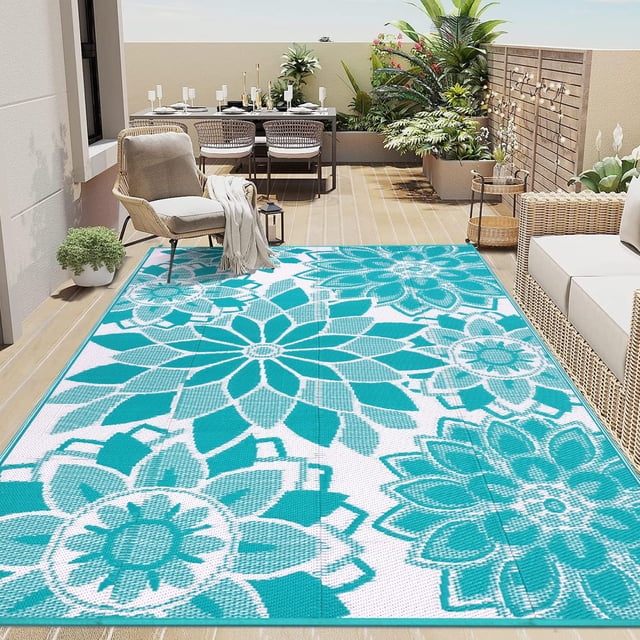LOKHOM Outdoor Rug for Patio 5x8 ft Reversible Plastic Straw Patio Camping Rug, Floral Waterproof RV Mat for Camper Indoor Outdoor Carpet f