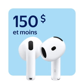L'image montre une paire d'écouteurs sans fil blancs (semblables à des Apple AirPods) sur un fond bleu clair. En haut à gauche, il y a un texte en français qui indique "150 $ et moins", suggérant que ces écouteurs ou des produits similaires sont disponibles pour 150 dollars ou moins.