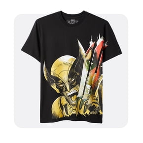 A black t-shirt featuring a large, colorful graphic of Marvel's Wolverine in a dynamic pose, with his claws extended and slashing across the shirt. Wolverine's face is shown in a fierce expression, and the artwork uses bold yellow, gold, and red tones.