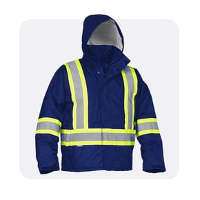 Blue safety jacket with hood and reflective yellow stripes.