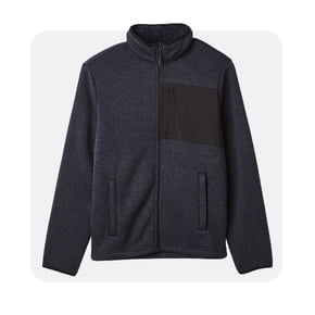 Men's dark zip-up jacket with high collar and front pockets, features a black chest pocket detail.