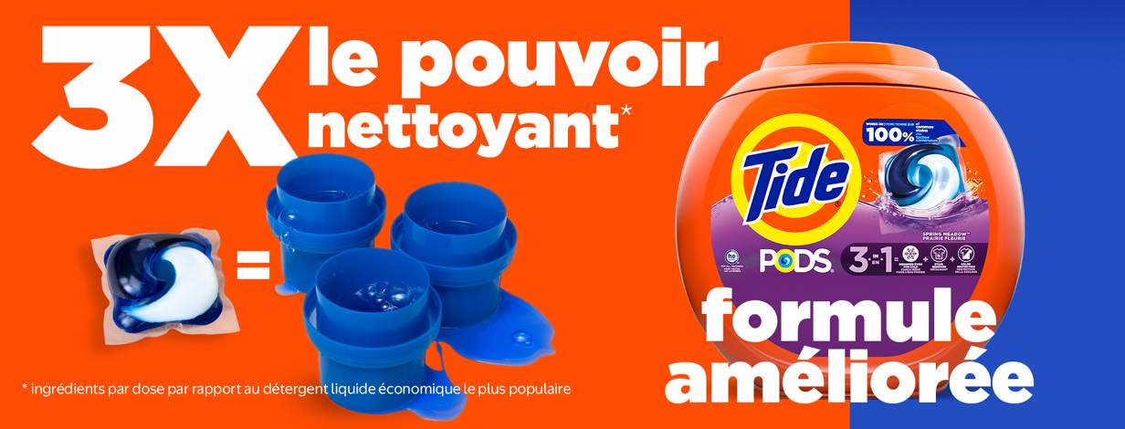 Tide formule améliorée - 3X le pouvoir nettoyant* * ingrédients par dose par rapport au détergent liquide économique le plus populaire