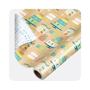 Gift wrap roll with colourful birthday cakes, presents, and party designs on a brown background, reverse side has blue and white text and patterns.
