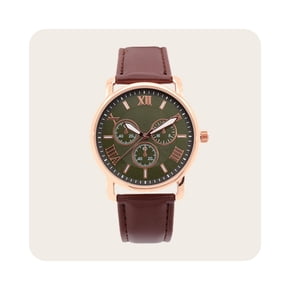 A stylish wristwatch with a brown leather strap, a round gold-tone case, and a green dial featuring three subdials and gold Roman numeral hour markers.