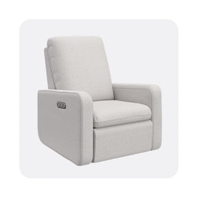 Light grey fabric recliner chair with padded seat and backrest, modern square arm design, and side control buttons.