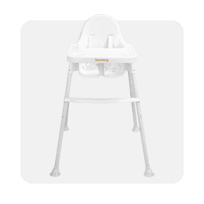 White high chair with four legs and a tray.