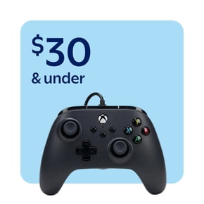 A black video game controller with colored buttons is displayed below a blue price tag showing thirty dollars and under.