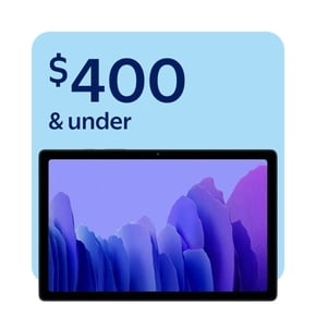 $400 and under, tablet with a black frame and a blue and purple abstract screen design, displayed on a light blue background