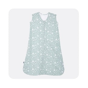 Sleeveless light green baby sleep sack with white floral pattern and front zipper.