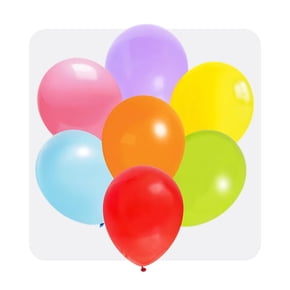 A group of seven balloons in red, orange, yellow, green, blue, pink, and purple colors clustered together on a light background