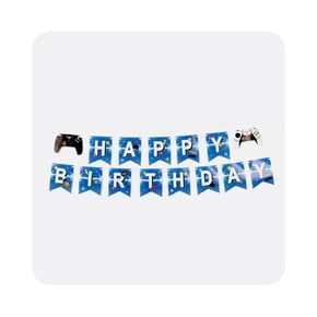 A blue "Happy Birthday" banner with white letters, decorated with video game controllers and gaming icons.