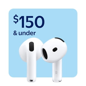 White wireless earbuds with text that says one hundred fifty dollars and under on a blue background.