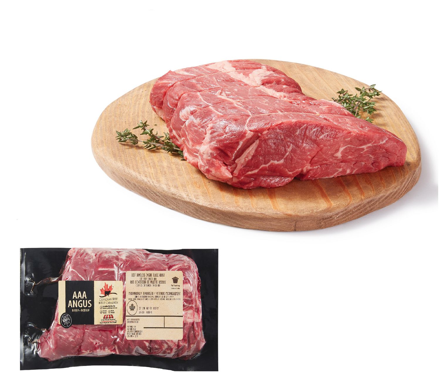 Rôti de Bœuf à Lame Intérieure, Mon marché fraîcheur, 1 Rôti, Bœuf AAA Angus, 0,80 - 1,40 kg - Rôti à Lame Sans Os Orienté vers l'Avant sur Plateau Blanc, Viande Rouge Marbrée Crue avec grain Musculaire visible et Mince Capuchon Gras; Montré Réfrigéré; Convient à la Rôtisserie, au Tranchage pour Sandwichs Ou à la Préparation de Repas.