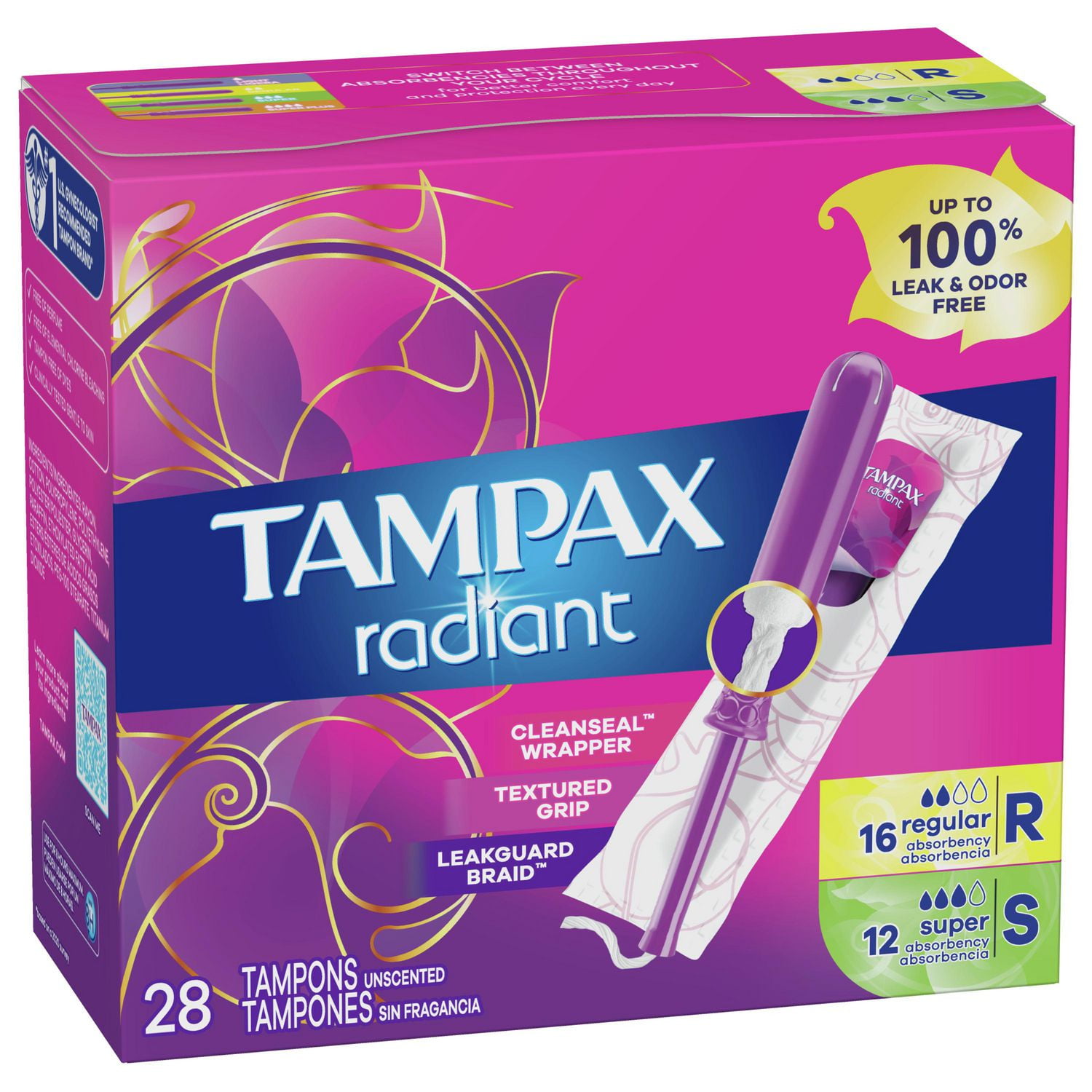 Tampax, Radiant Tampons, Plastic Applicator, DuoPack, Regular/Super  Absorbency, 28 Count