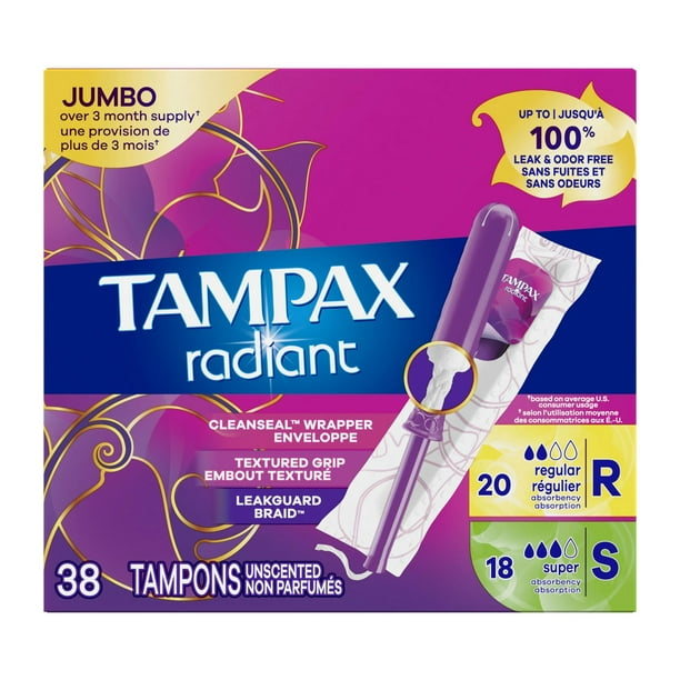 Tampax Radiant Tampons Duo Pack with LeakGuard Braid, Regular/Super  Absorbency, Unscented, 38 Count 