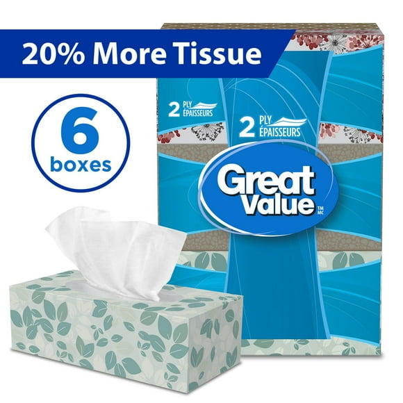 Great Value, Facial Tissues, 6 flat boxes, 126 tissues per box, 2Ply, 756 Tissues in total