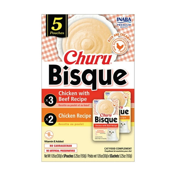 INABA Churu Bisque for Cats with Vitamin E Added - Chicken Variety Pack - Chicken with Beef Recipe (3 Pouches) & Chicken Recipe (2 Pouches) - Mouthwatering Creamy Purée Bisque with Wild-Caught Tuna, 30g per Pouch, 5 Pouches Total 150g