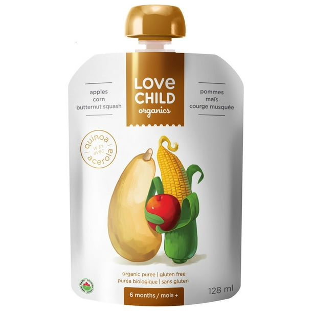 Purée sans gluten de pommes, maïs et courge musquée biologiques de Love Child 128 ml
