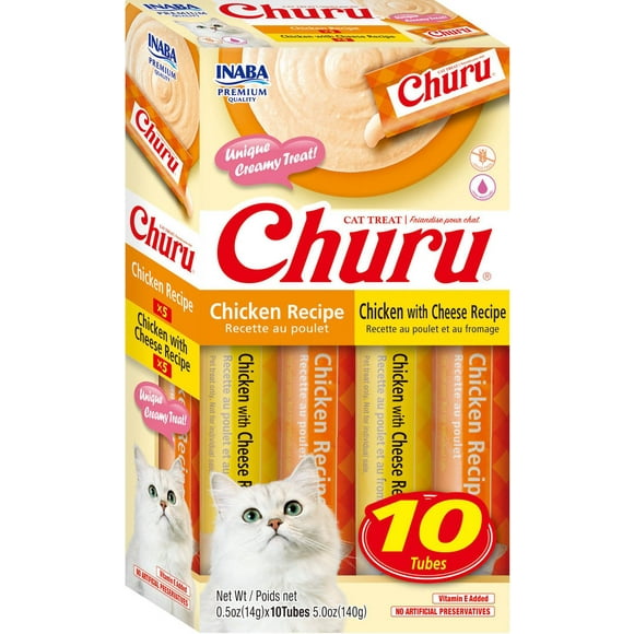 INABA Churu Cat Treats, Grain-Free Lickable Creamy Purée with Vitamin E - Chicken Variety Box 10 Tubes (5xChicken & 5xChicken w/Cheese) 114g