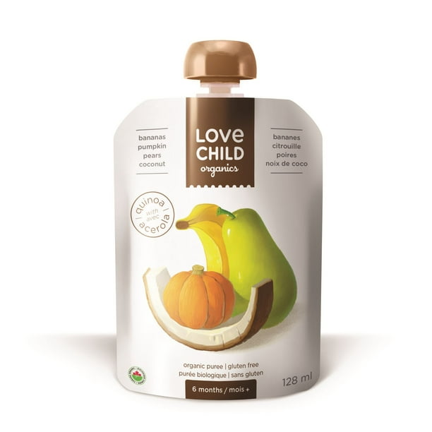 Love Child Organics Purée de bébé Super Mélanges - Bananes, citrouille, poires, noix de coco 128 ml
