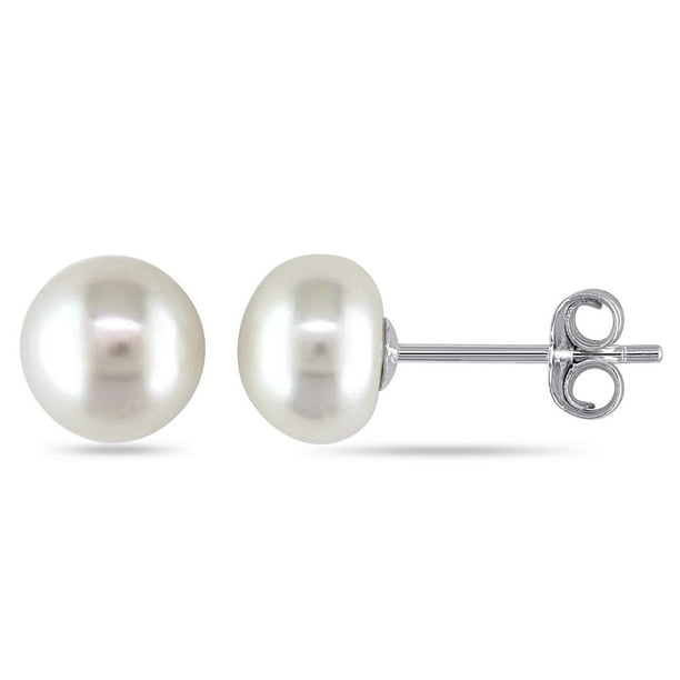 Boucles d'oreille Miadora avec perles d'eau douce blanches cultivées en forme de bouton 7,5-8 mm, en argent sterling