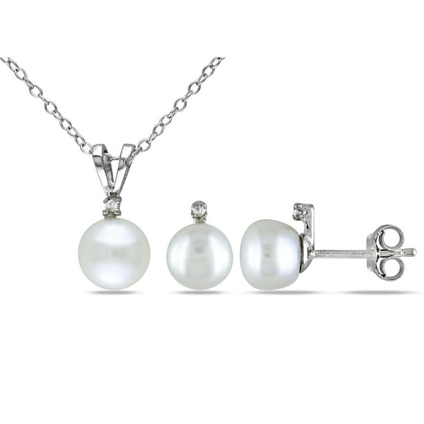 Ensemble Miadora pendentif et boucles d'oreilles avec perles d'eau douce blanches cultivées de forme bouton 7-8 mm et accents de diamants, en argent sterling
