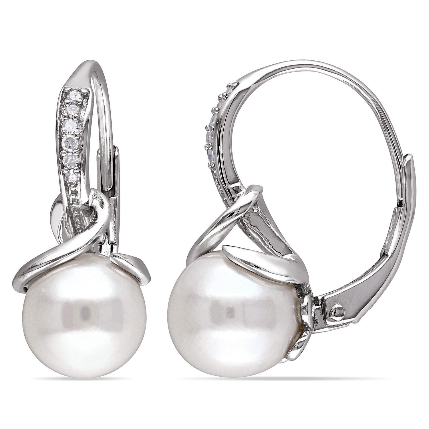 Miabella 8-8.5mm White Round Cultured Freshwater Pearl and Diamond-Accent Sterling Silver Leverback Earrings