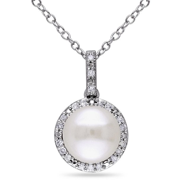 Pendentif Miadora en forme d'auréole avec perle d'eau douce blanche cultivée 8-8,5 mm et diamants 0,10 ct poids total, 18 po