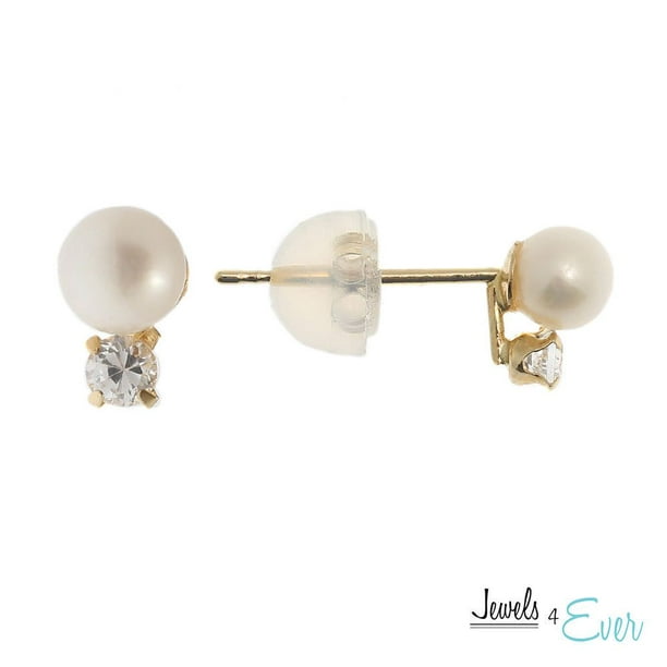 Jewels 4 Ever Boucles d'oreilles 14 Karat Or jaune avec perle de culture 4mm et Zircon Cubique