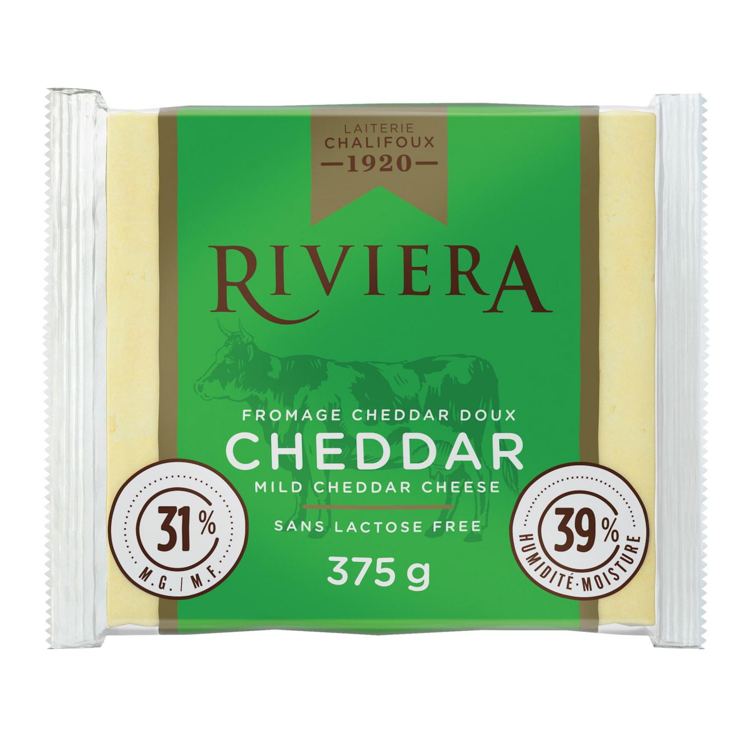 Fromage cheddar doux Riviera à 31 % M. G. 375g