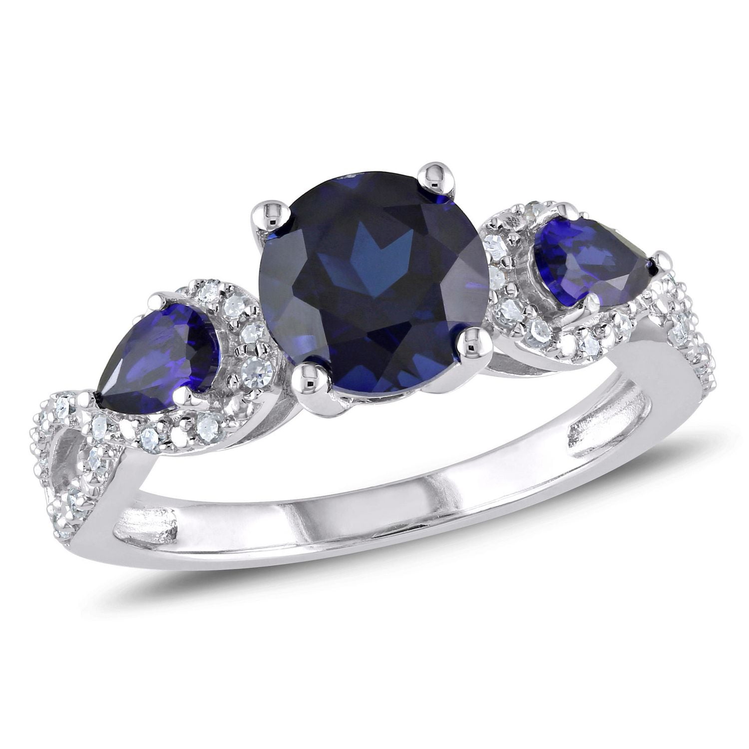 Tangelo 2.33 Carat T.G.W. Created Blue Sapphire And 0.17 Carat T.W. Diamond Sterling Silver Three Stone Engagement Ring
