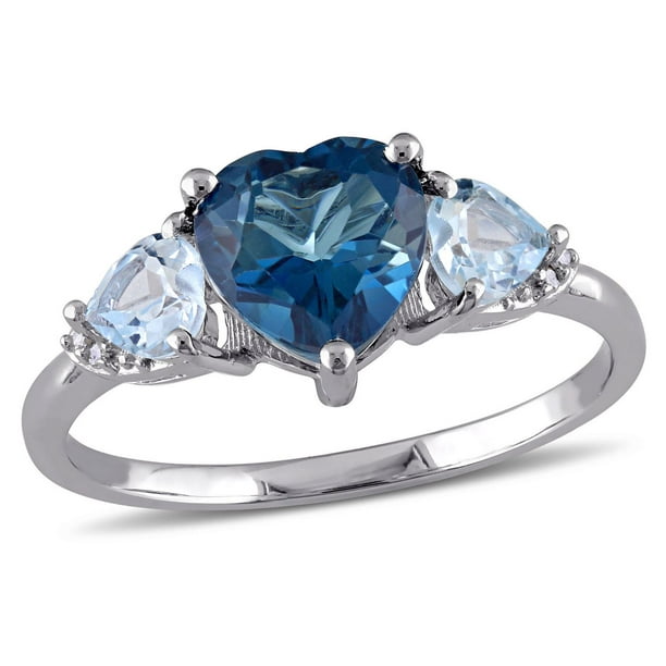 Bague Tangelo avec topazes bleues en forme de cœur 2,20 ct PBT et accents de diamants en argent sterling