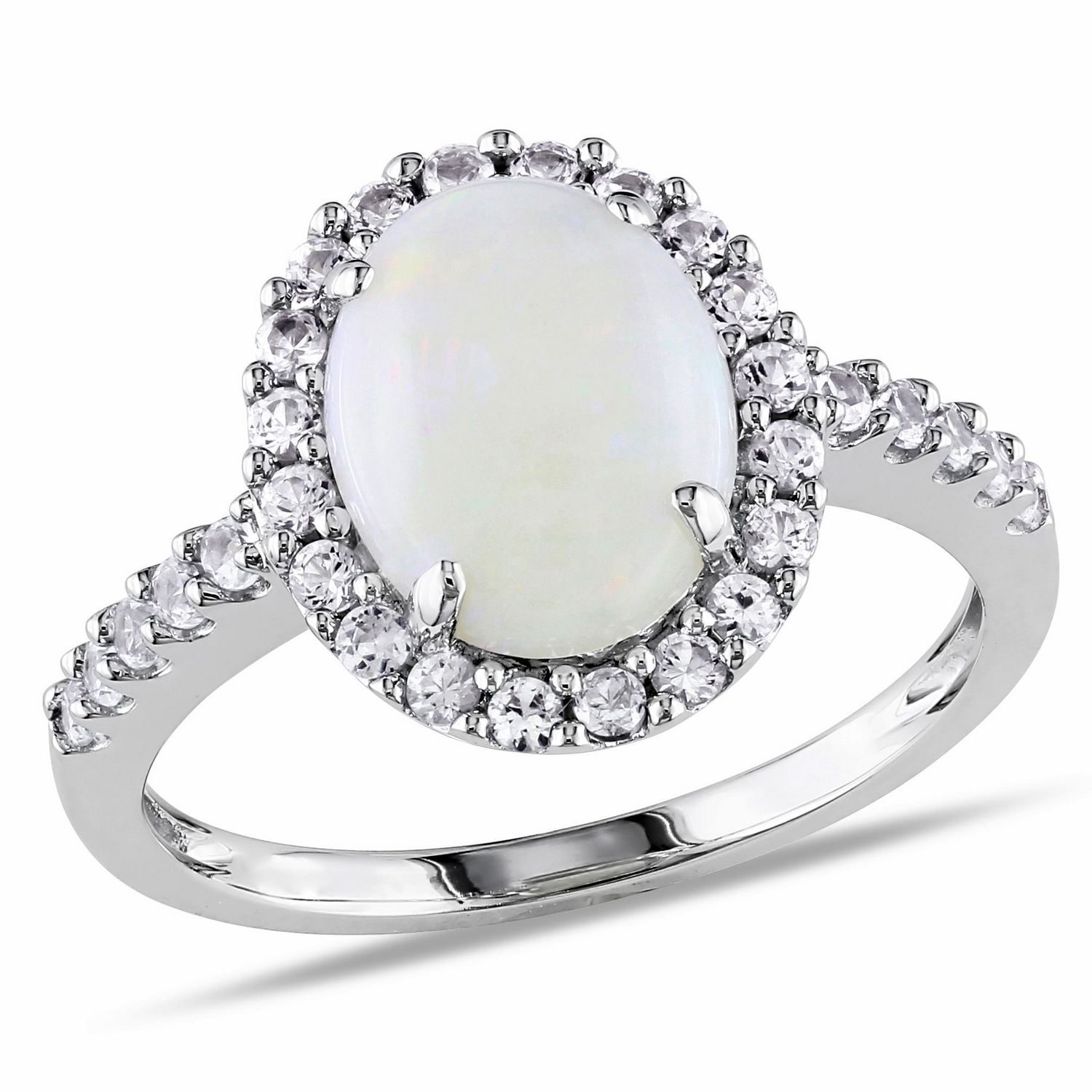 Bague en forme de auréole avec opale et saphirs blancs synthétiques 2,25 ct PBT en or blanc 10 k