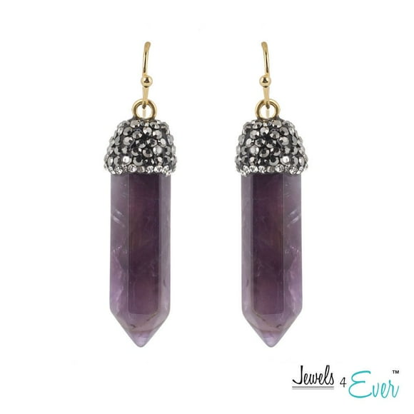 Jewels 4 Ever Brass Genuine Amethyst Point and Crystal Cap Earrings