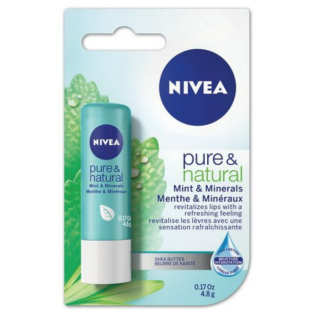 NIVEA Pure & Natural Soins des lèvres menthe et minéraux 4,8 g Inspirée de la nature pour revitaliser les lèvres avec une sensation rafraîchissante.