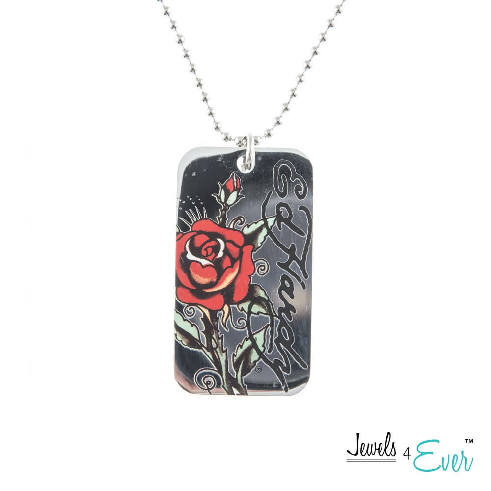 Jewels 4 Ever Authentic Hardy Red Rose Dog Tag Pendant with 24" Bath
