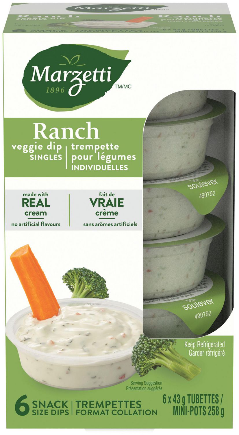 MARZETTI RANCH VEGGIE DIP SNACK PACK, 6x43g single-serve tubs shown front-facing; six labeled Marzetti cups with white ranch dip visible, a convenient snack pack for lunches or on-the-go and suitable for vegetable platters or as a sandwich spread.