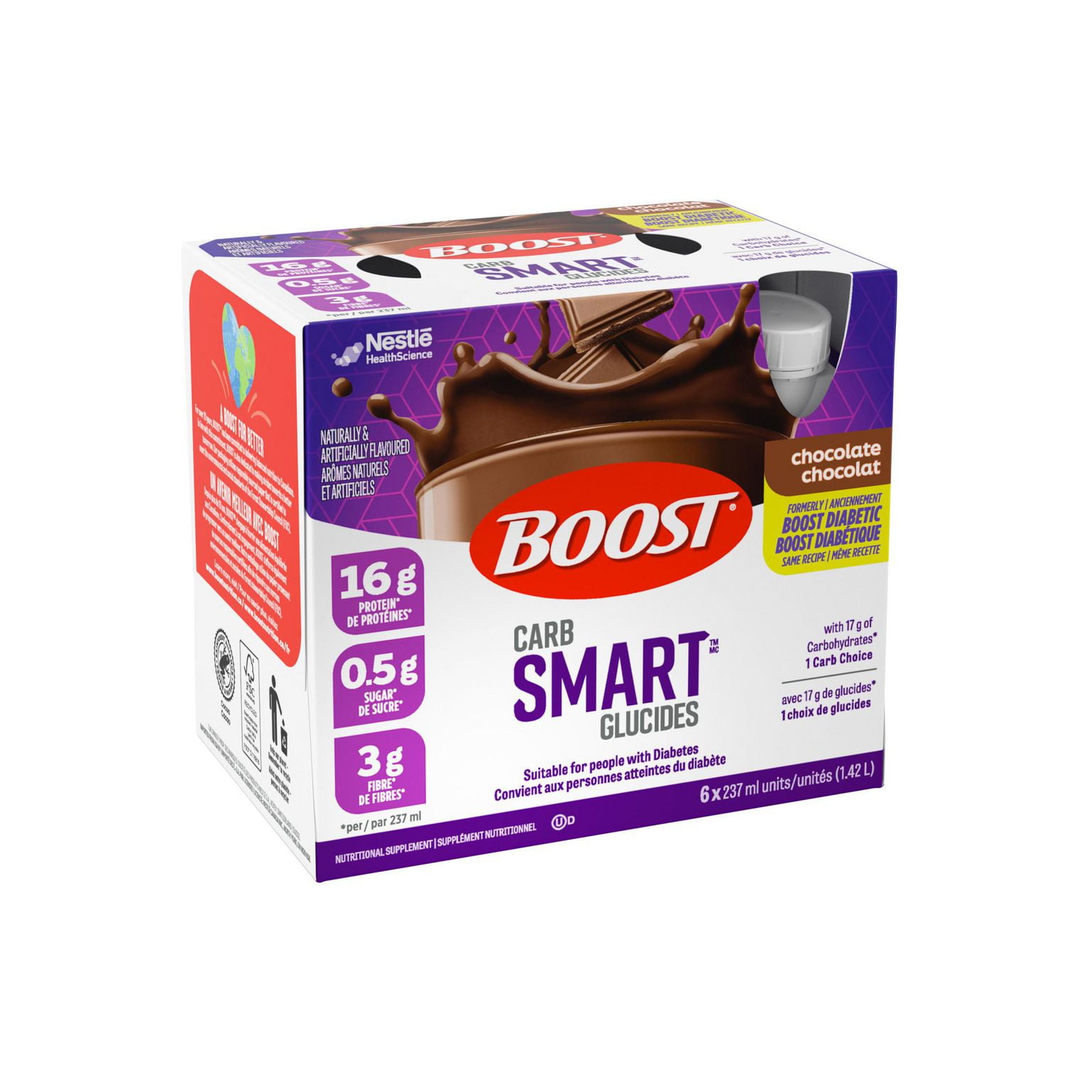 BOOST CarbSmart Chocolate, High Protein, Low Sugar, 24 Vitamins & Minerals, Nutritional Supplement, 16g Protein, 0.5g Sugar, Kosher, Gluten-free, Suitable For Diabetics, 6 x 237 ML