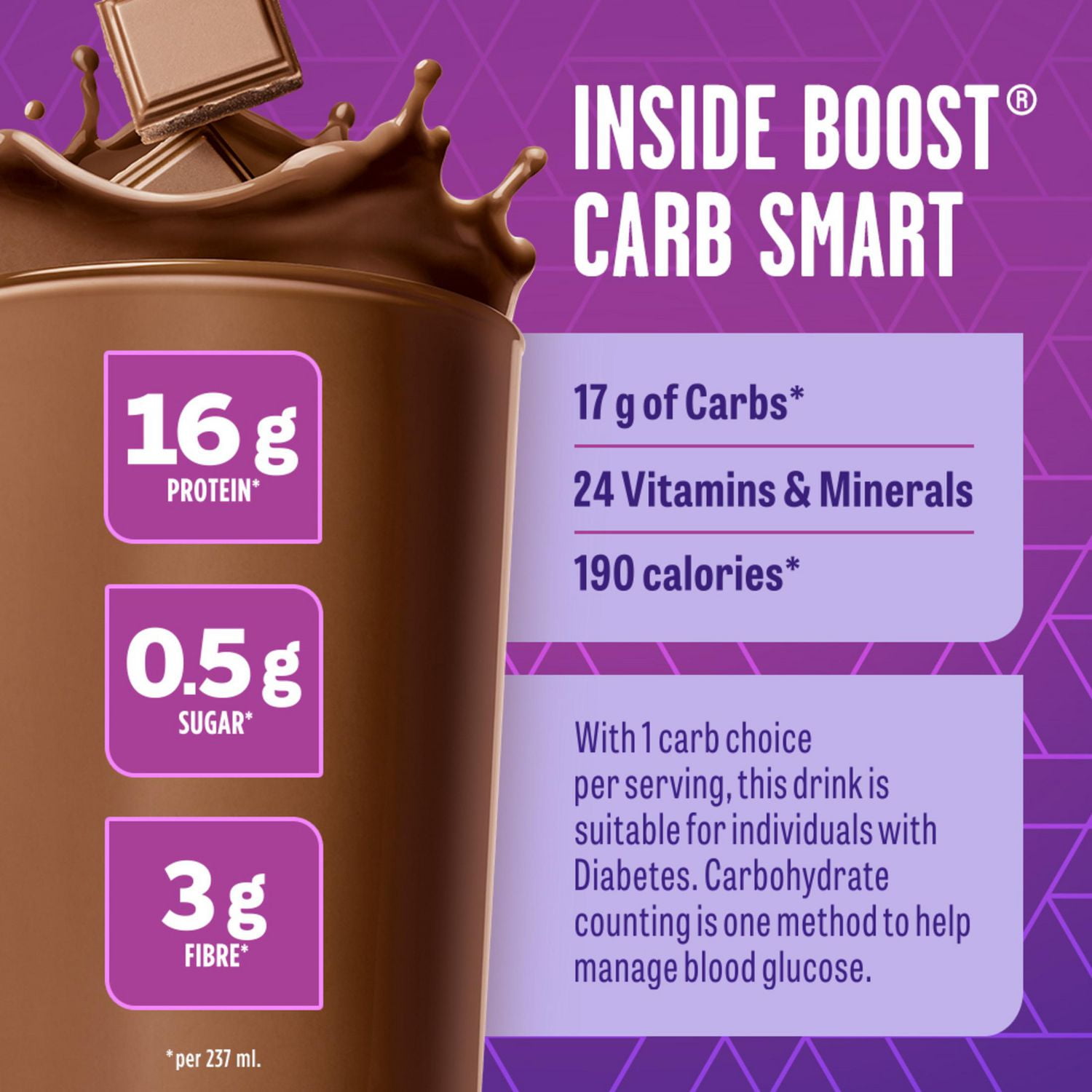 BOOST CarbSmart Chocolate, High Protein, Low Sugar, 24 Vitamins & Minerals, Nutritional Supplement, 16g Protein, 0.5g Sugar, Kosher, Gluten-free, Suitable For Diabetics, 6 x 237 ML