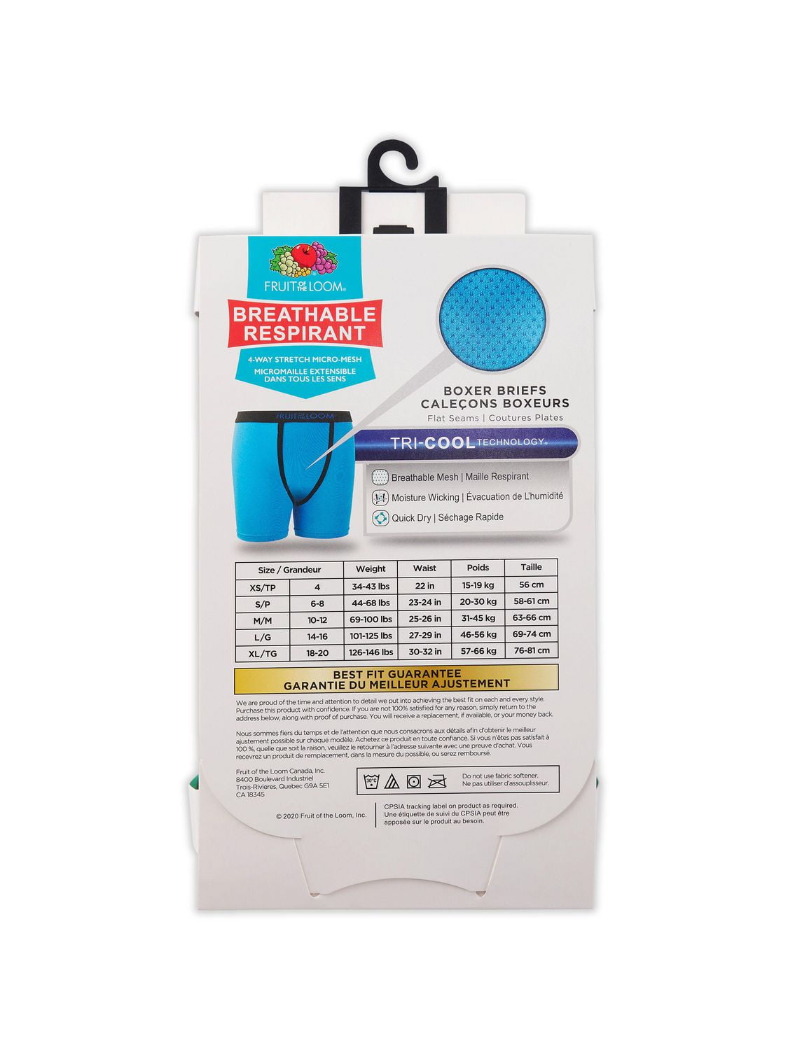 Caleçons boxeurs respirants micro mailles Fruit of the Loom pour garçons, paquet de 4 Tailles petit à grand