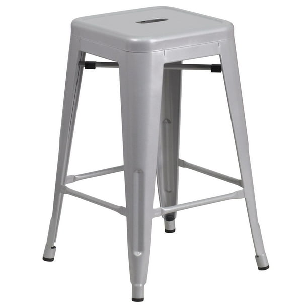 Tabouret de comptoir Flash Furniture de 60,96 cm (24 po) en métal argenté sans dossier avec siège carré